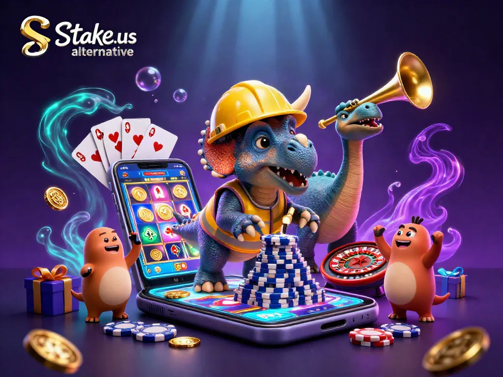 Cheerful scene featuring the stake.us alternative with cartoon characters and casino elements.