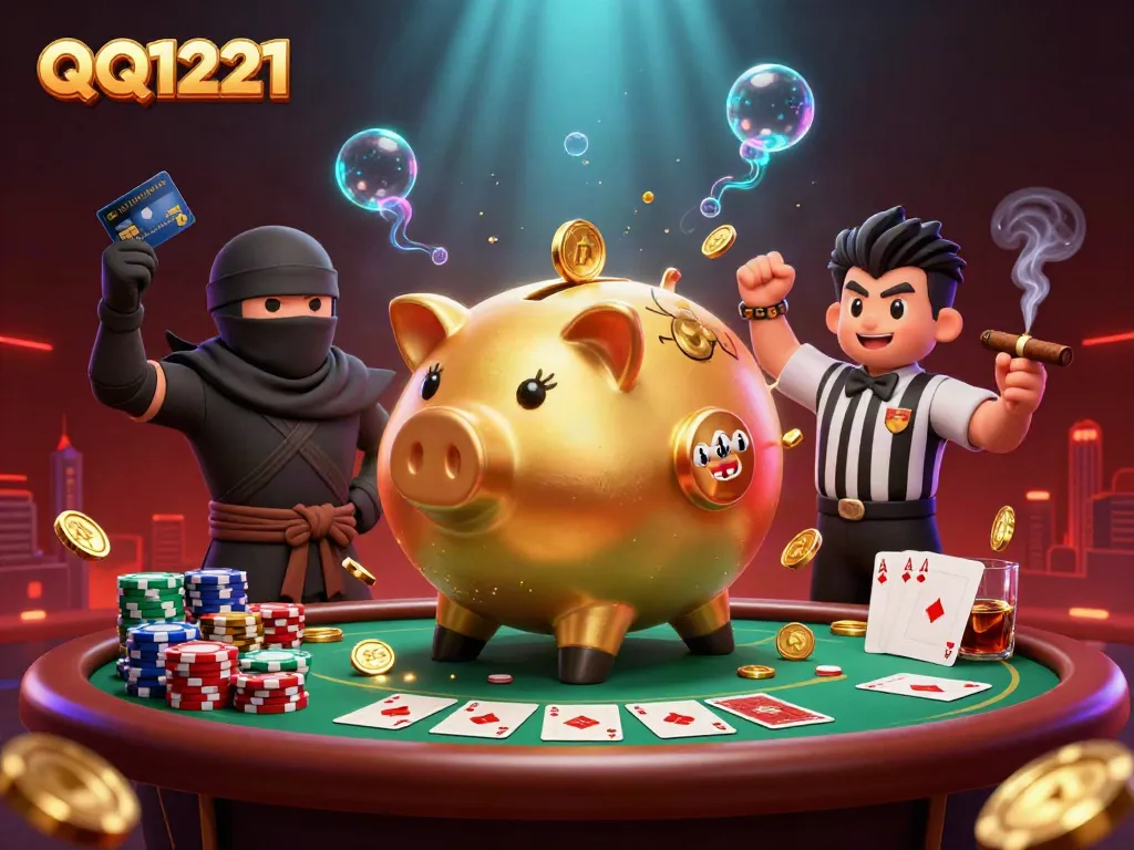 Experience excitement with QQ1221 as a golden piggy bank sumo wrestler shakes coins in a gambling spectacle.