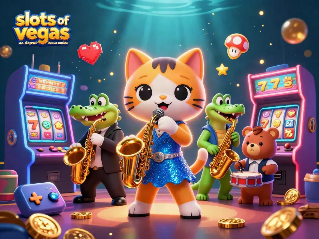 Win with slots of vegas no deposit bonus codes in a lively casino scene featuring colorful characters and games.
