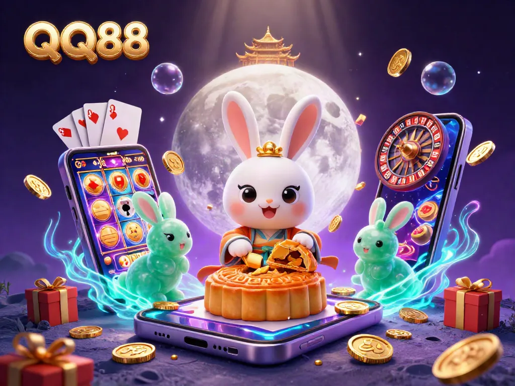 Experience the excitement of QQ88 with a vibrant 3D illustration of traditional characters and casino elements.