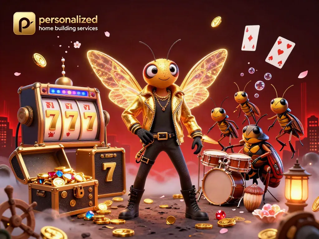 Experience personalized home building services with a vibrant gambling-themed illustration featuring a rock star cicada and dynamic game elements.