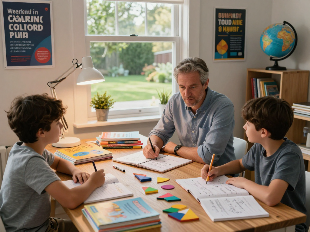 Engaging maths tutors session with students surrounded by books and learning tools in a bright study.
