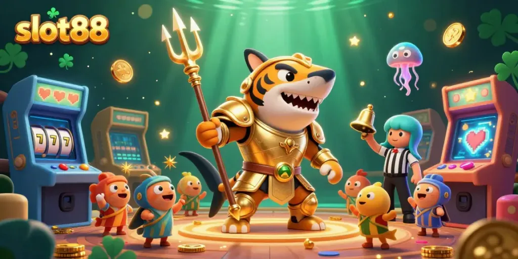 Experience thrilling action with slot88 in a vibrant underwater colosseum featuring a golden shark gladiator.