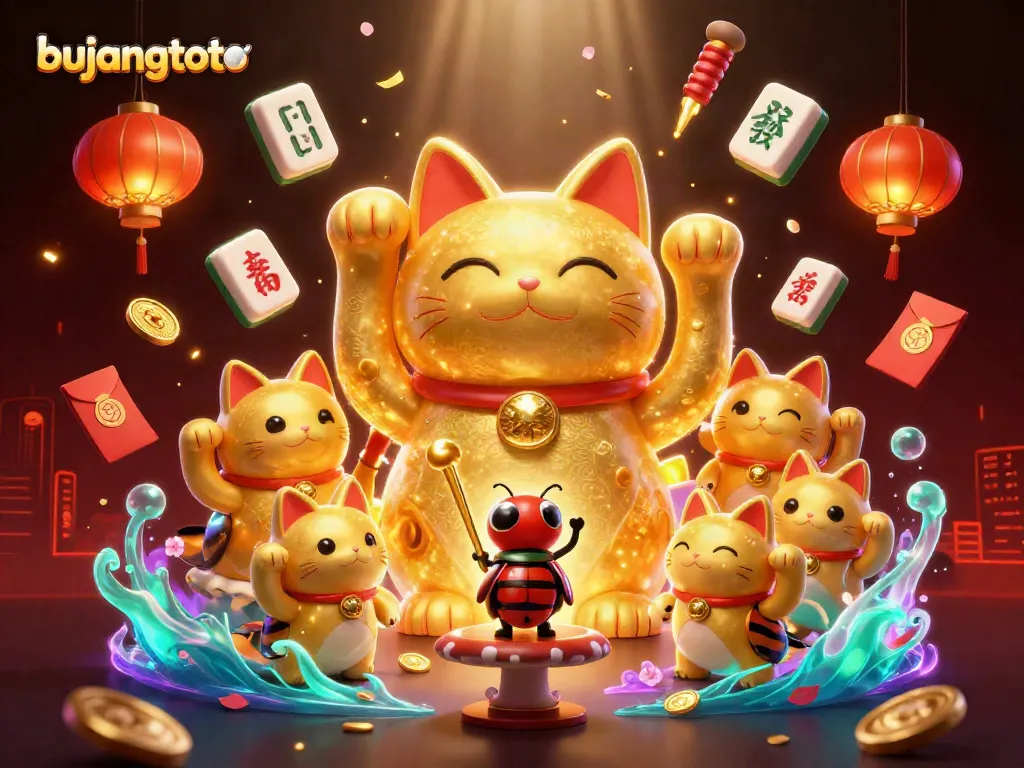 Experience the excitement of gaming at Bujangtoto with vibrant scenes of a golden lucky cat and dynamic casino elements.