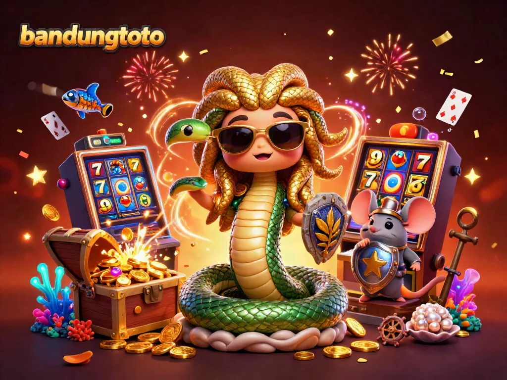 Experience the excitement of bandungtoto with vibrant 3D characters amidst a rich casino backdrop filled with slot machines.