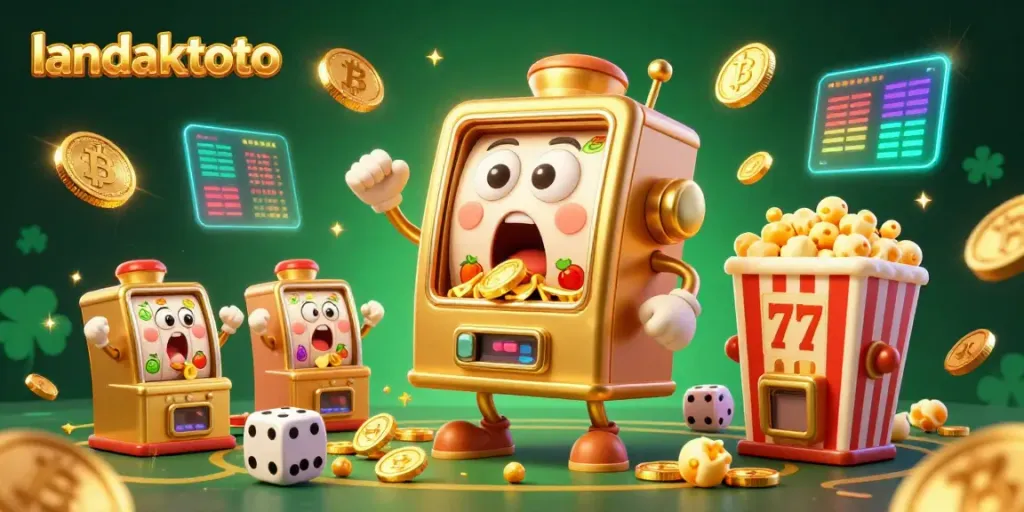 Mesin slot meraih jackpot di landaktoto dengan koin berjatuhan, keseruan berjudi yang tak terlupakan.