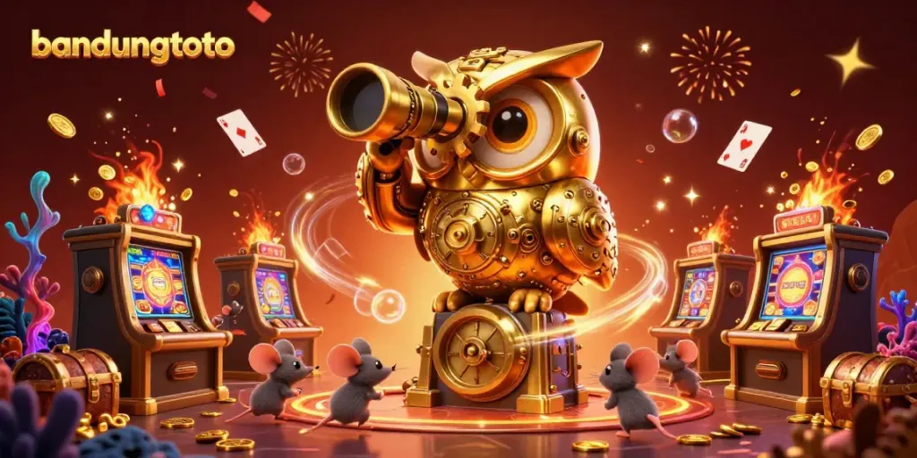 Engage with the exciting world of bandungtoto in a vibrant casino illustration featuring a whimsical clockwork owl and lively patrons.