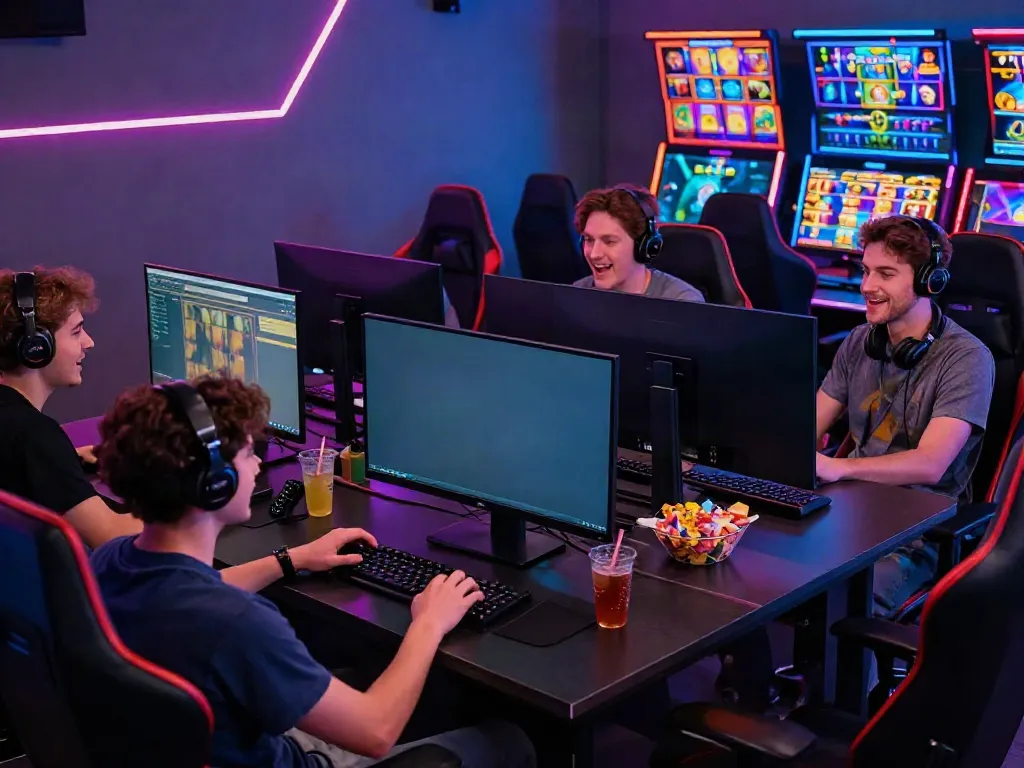 Diverse gamers enjoying slot777 online in a vibrant gaming room with colorful screens.
