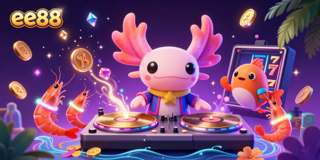 Experience the vibrant atmosphere of ee88 with a neon-colored axolotl DJ spinning vinyl amidst dynamic casino elements.